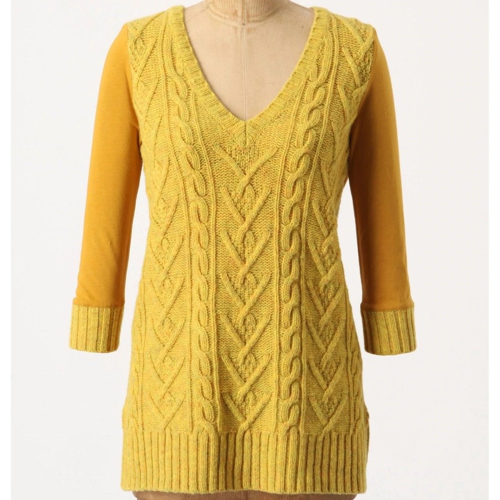 Pilcro Mixed Media Top Women S Mustard Yellow Cable Knit V-Neck 3/4 Sleeve